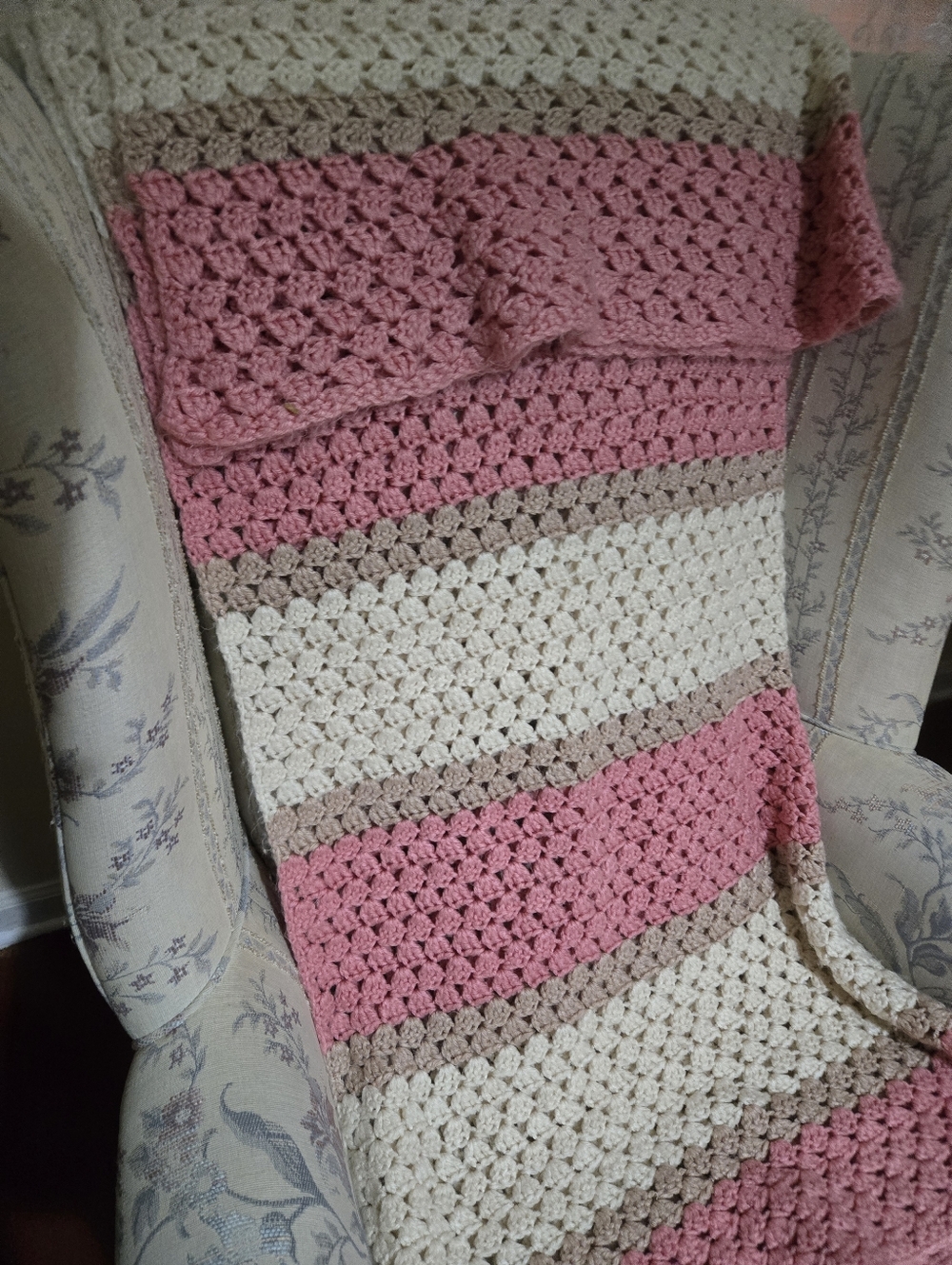 Handmade Crochet Throw Blanket in Pink, Cream & Taupe. Size 60 In By 43in